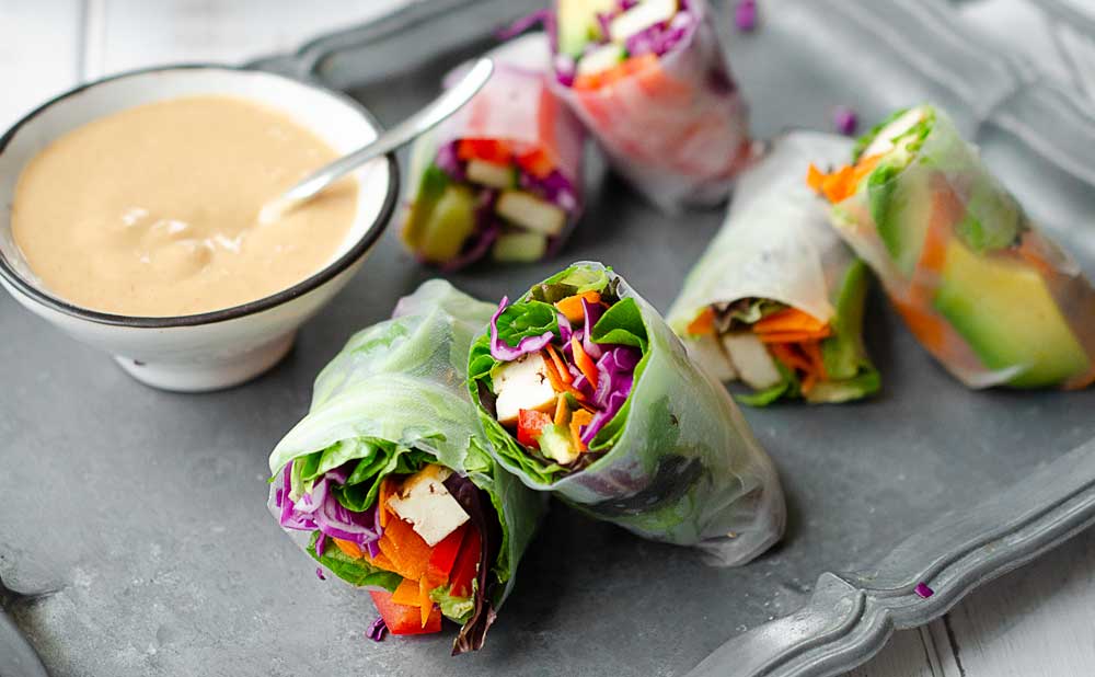 Ginger-Peanut Power Up Greens Salad Rolls. Brown Rice Wraps! 